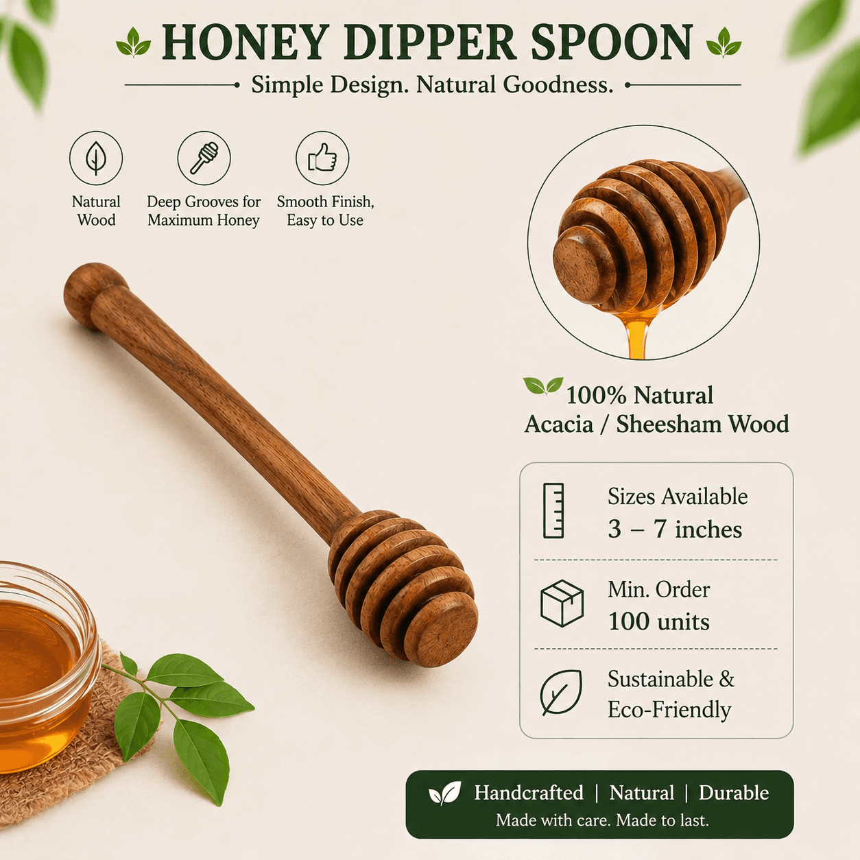 Wooden acacia/Sheesham honey dipper with deep grooves — sizes 3–7 inches, minimum order 100 units