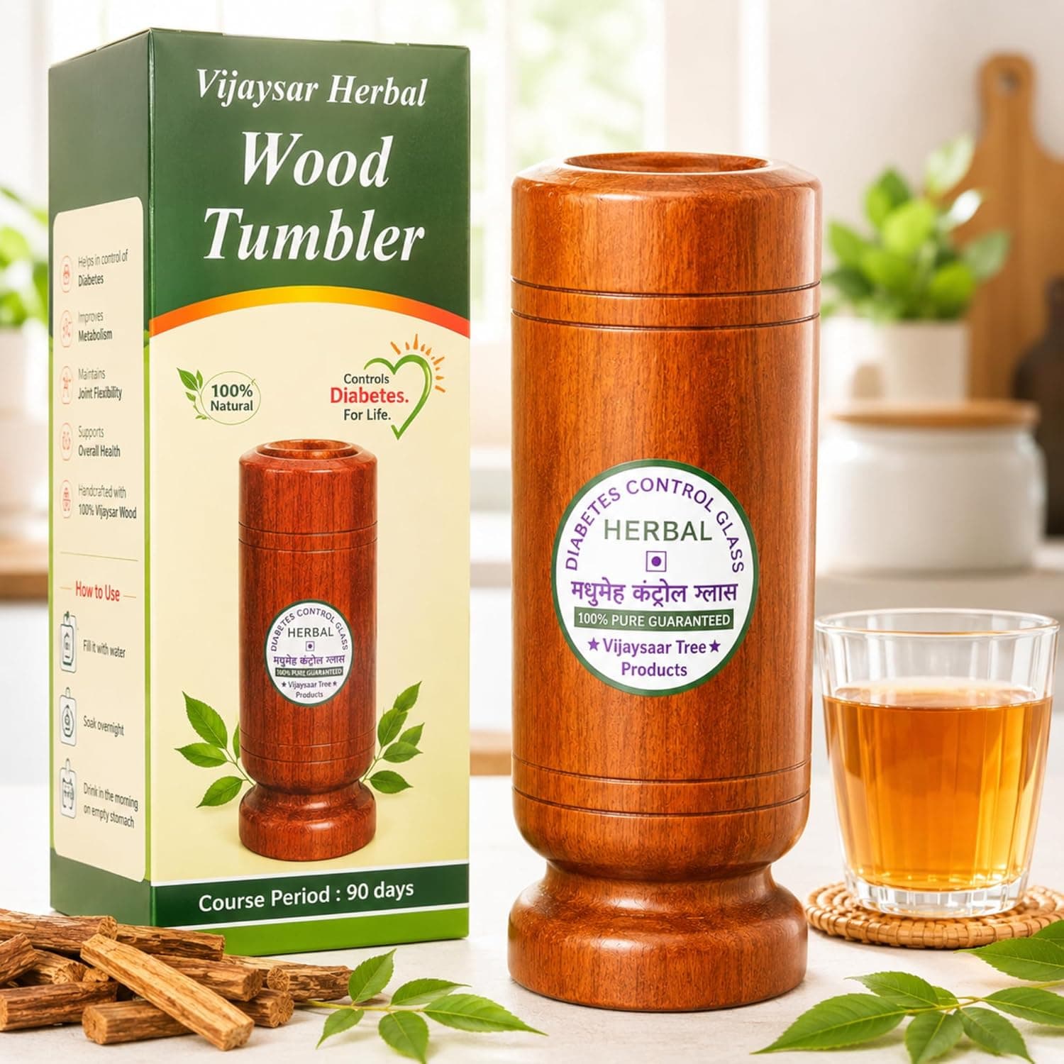 Vijaysar wooden tumbler with its retail box and a glass of wood-infused water